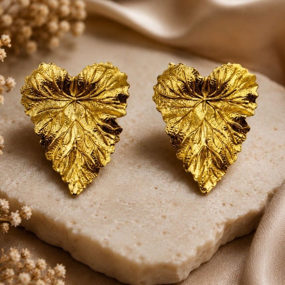 Vintage 1970s Gold Tone Leaf Earrings Textured Botanical Statement  Pierced